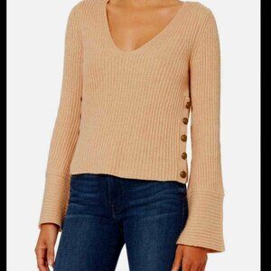 INTERMIX Haley Wool Cashmere Sweater V Neck with Button Detail & Bell Sleeve XS